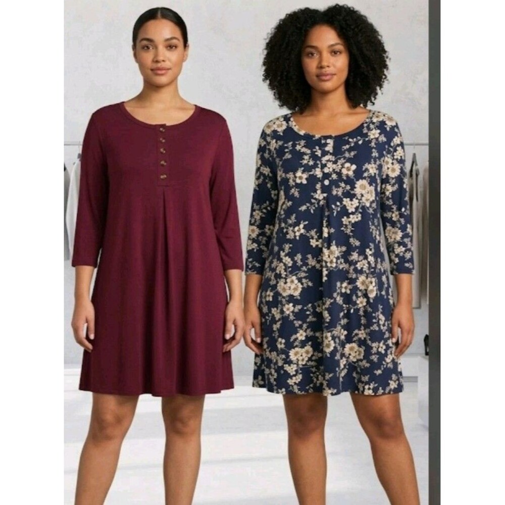 2 Dresses Naggoo Hi-Low Size M Blue Floral & Burgundy Rayon Blend 3/4 Sleeve